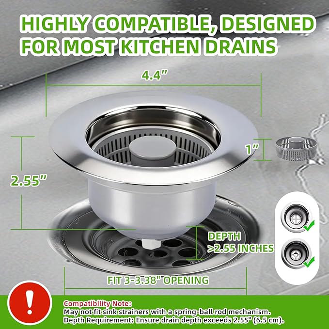 Sink Drain Strainer - Kitchen Sink Stopper, 3 in 1 Kitchen Sink Drain Strainer with Anti-Clogging Basket, Fit US Standard 3-1/2'' Sink Hole