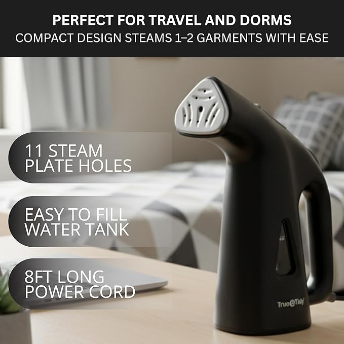 True & Tidy Compact Handheld Garment Steamer for Clothes, Travel Steamer with Stainless Steel Nozzle, 800 watts, Black