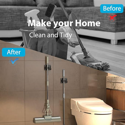 homeasy Mop Broom Holder No Drill, Mop Broom Organizer Wall Mounted Heavy Duty with Hooks Hanger, Self Adhesive Stainless Steel 6Pcs for Bathroom, Kitchen, Office (Black)