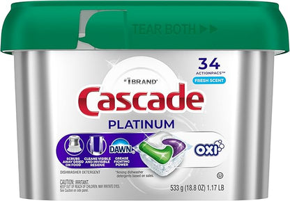 Cascade Platinum Dishwasher Pods, Dishwasher Detergent, Dish Detergent Soap, Fresh, 34 count