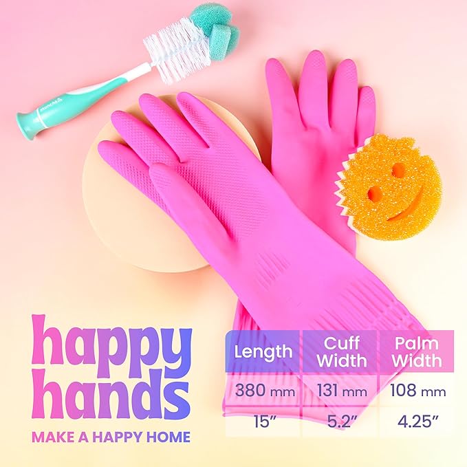 Happy Hands Rubber Cleaning Gloves – Versatile Waterproof Reusable Pink Gloves for Kitchen, Dishwashing, and Household Tasks, Hi-Tech Grip, Non-Slip, Tear-Resistant & Skin Friendly