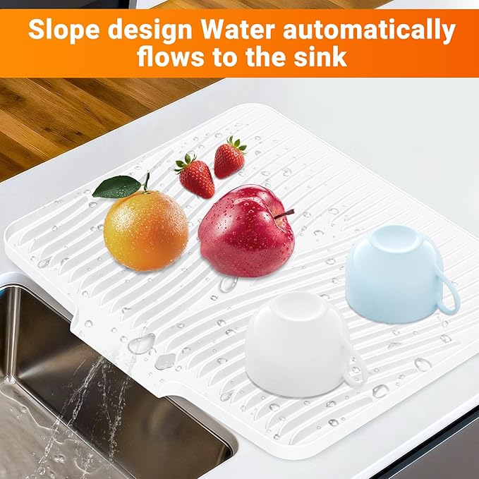 Silicone Dish Drying Mat for Kitchen Counter, Non-Slip Drain Pad, Dish Drying Pad, Easy to Clean Dish Rack Pad, Multi-Use as Heat Resistant Trivet, 15.8" x 13" , Ivory