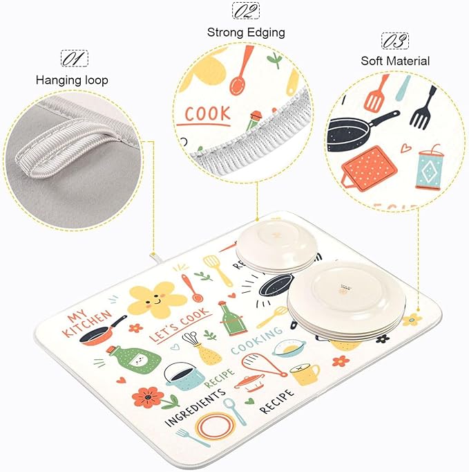 Absorbent Dish Drying Mat Kitchen Doodle Pattern Kitchen Counter Mat Protector,Reversible,Extra Large 24 x 18 Inches