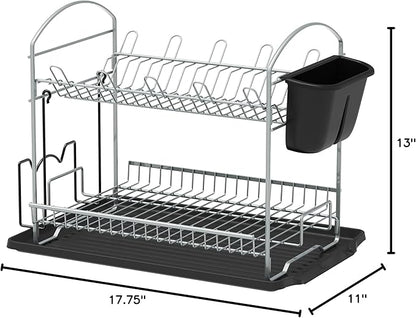 Simple Houseware 2-Tier Dish Rack with Drainboard, Silver