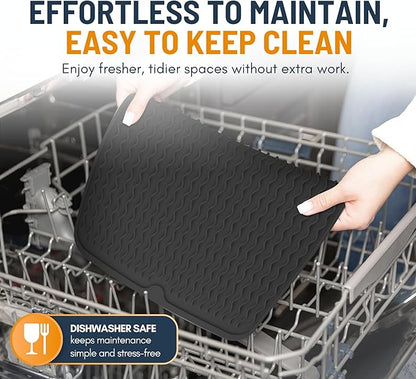 Silicone Dish Drying Mat for Kitchen Counter - Multi-Use 18 x 16 Inch Pad, Non-Slip & Heat-Resistant, Perfect Dish Drainer Mat by Linda’s Essentials, Ideal Kitchen Accessory (Black)