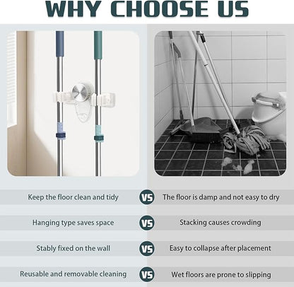Self Adhesive Broom Holder Wall Mount, No Punching Heavy Duty Broom and Mop Organizer, Non-slip Mop Hanger with 2 Slots & 1 Hook for Bathroom Kitchen Laundry Room (Clear)