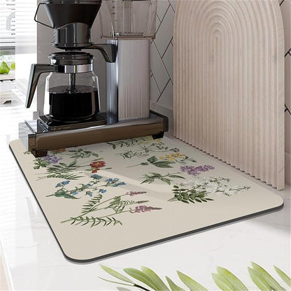 LOKHOM Dish Drying Mat for Kitchen Counter, 12"x20" Absorbent Coffee Bar Mat with Vintage Sage Flower Herbs, Dish Drainer Rack Mat for Kitchen Counter
