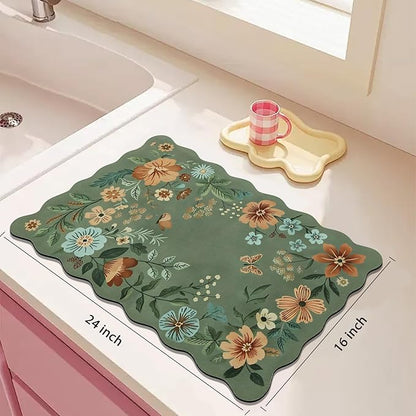 Scalloped Bohemian Boho Floral Flower Coffee Bar Mat Dish Drying Mats for Kitchen Counter, Kitchen Decor, (16"x24", Green 1)