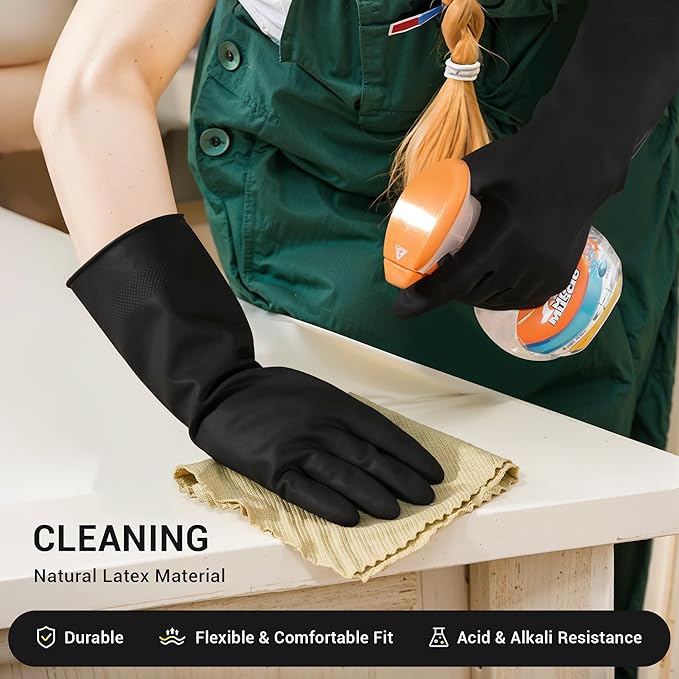 ThxToms 3 Pairs Dishwashing Gloves, Reusable Latex Cleaning Gloves for Housework Kitchen Bathroom, Durable Flexible & Anti-slip, Smooth Lining, Easy On & Off, Medium, Black