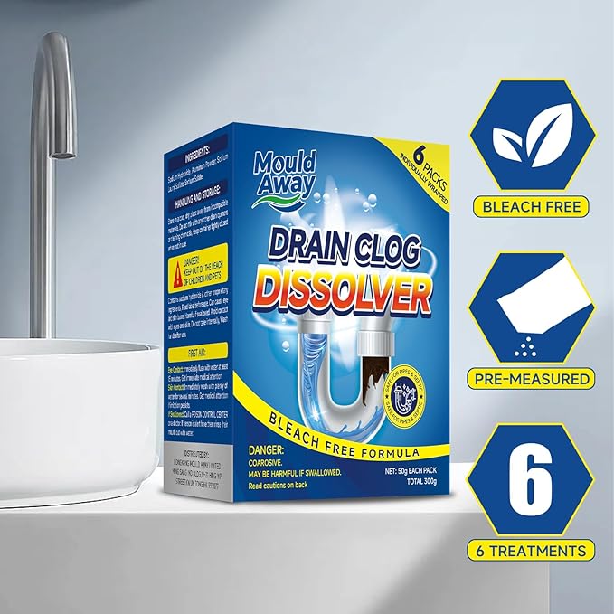 Drain Clog Remover for Sink & Shower, Dissolves Hair, Grease, Soap Scum & Paper, Powerful Bleach-Free Drain Cleaner Powder, 6 Pre-Measured Treatments for Bathroom & Kitchen