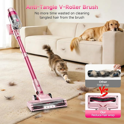Cordless Vacuum Cleaner: Portable 6-in-1 Stick Vacuum with Anti-Tangle Brush, LED Headlight, Self-Standing, HD Display, Rechargeable Vacuum for Pet Hair, Low-Pile Carpet and Hardwood Floor-Dark Pink