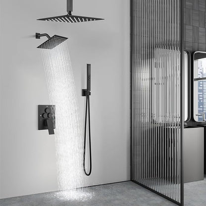 Aolemi Shower Faucet Set Ceiling Mount Shower System Rough-in Valve and Shower Trim Kit 2 in 1 Handheld Spray Push Button Diverter 12 and 6 Inch Dual Shower Head Matte Black