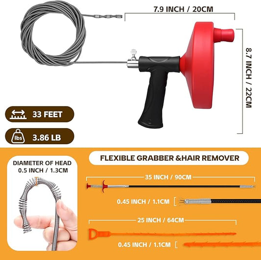 Drain Auger 33 ft, Plumbing Snake Hair Clog Remover Drain Snake Flexible Grabber Heavy Duty Sink Cleaner Tools for Shower Bathtub Bathroom Kitchen Pipe, Red