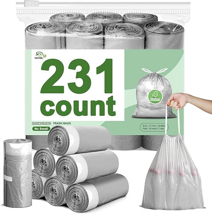 231 Count-Small Trash Bags, 4 Gallon Trash Bag Drawstring, Gray White Bathroom Garbage Bags，Tear-Free Garbage Bags ，Plastic Wastebasket Liners for Toilet Home Office and Bedroom