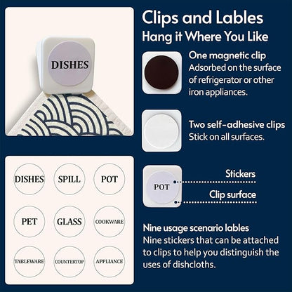 Swedish Dishcloths for Kitchen, 8 Pack Japanese Pattern Reusable Paper Towels with Clips, Non-Scratch Swedish Dish Towels, Super Absorbent Cellulose Dish Cloths, No Odor