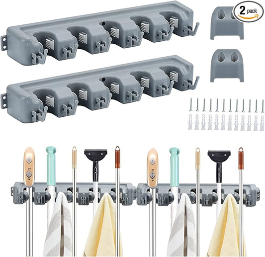 HOME MASTER HARDWARE (2 Pack 16 in Broom Mop Holder Garage Storage Organizer with 5 Racks 6 Hooks Adjustable Wall Mounted Storage Tool for Lanudry Garage Kitchen Garden