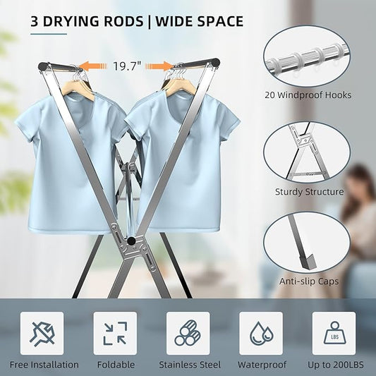 Clothes Drying Rack,Heavy Duty Stainless Steel Garment Rack,Adjustable and Foldable Laundry Drying Rack for Indoor Outdoor Drying Rack Clothing with 20 Windproof Hooks (Silver, 95")