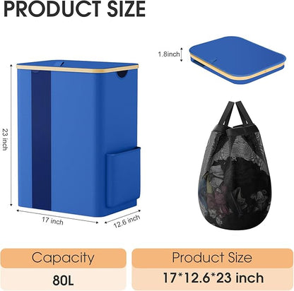 Laundry Basket Clothes Hamper with Lid and Pocket Large Collapsible Laundry Baskets with Handle, Blue Freestanding Hampers for Bedroom Aesthetic, Dorm, Bathroom, Laundry Room (80L)