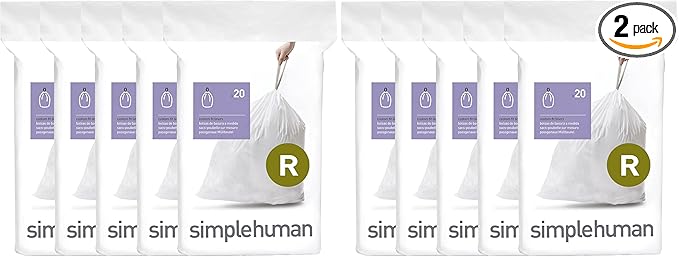 simplehuman Code R,Dispenser Pack Custom Fit Liners,Drawstring Trash Bags,10 Liter / 2.6 Gallon,White,100 Count (Pack of 2)