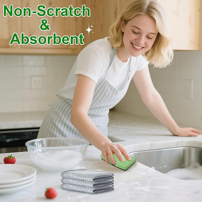 12 Pack Non-Scratch Dish Sponges and 12 Pack Wire Dishwashing Rags Set, Gentle Scrub Sponges and Reusable Non-Scratch Wire Dishcloth for Kitchen, Bathroom, and Household Cleaning