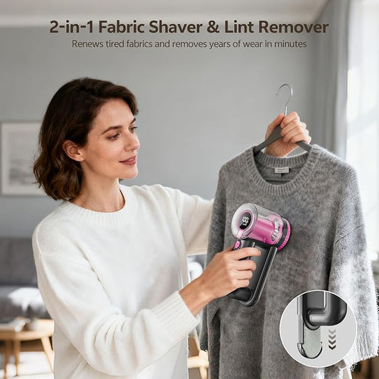 Rechargeable Fabric Shaver, 2-in-1 Lint Remover for Clothing, Furniture, Sweater with 6-Blade, 200ml Container, LED Display, 2000mAh USB-C, 3-Speed Lint Shaver Eliminates Fuzz & Pilling