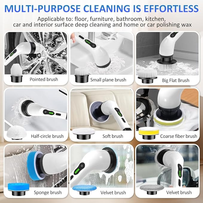 Electric Shower Spin Scrubber, Scrub Brush Floor Scrubber with Long Handle, Electric Cleaning Brush with 9 Replaceable Heads, for Bathroom Kitchen Tile Grout Shower Car Cleaning Supplies﻿