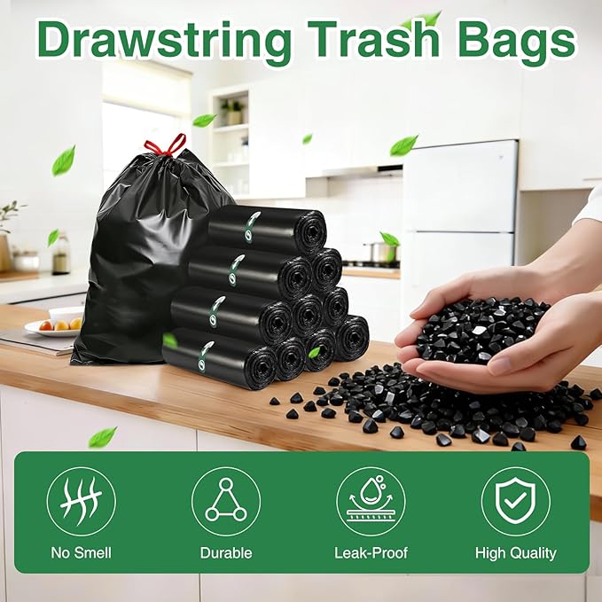 80 Counts 8 Gallon Trash Bag Drawstring Small Trash Bags, Thick Pre-separated Garbage Bags, Trash Bin Liners, Suitable for bathroom, kitchen, bedroom, office (Black)