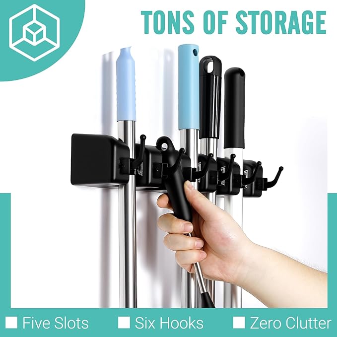 InPoTo Broom and Mop Holder, Wall Mounted Organizer Mop and Broom Storage Tool Rack with 5 Ball Slots and 6 Hooks (2Pack)