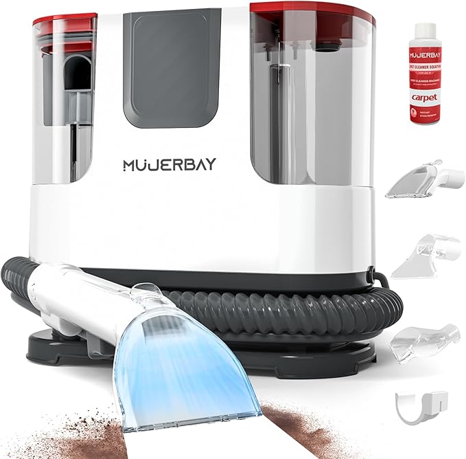 Upholstery Carpet Cleaner, MUJERBAY 12Kpa Portable Spot & Stain Cleaner Shampooer,Easy Move with Universal Wheels & Handle, 1.18-inch Deep Cleaning Machine for Couch, Stairs, Car & Messes.