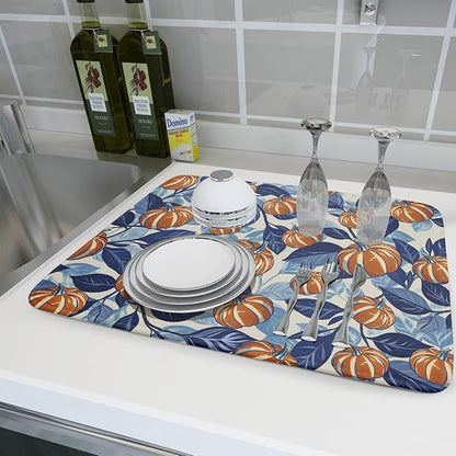 Blue Burnt Orange Fall Thanksgiving Pumpkin Dish Drying Mat for Kitchen Counter 18x24 Autumn Harvest Theme Absorbent Reversible Microfiber Drying Mats Kitchen Countertop Protector Dishes Drainer Pad