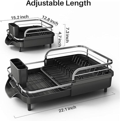SNTD Dish Drying Rack, Expandable Dish Rack for Kitchen Counter, Stainless Steel Dish Drainer with Drainboard Set and Utensil Holder (Black)