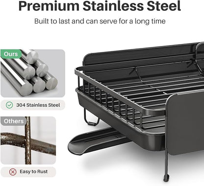 SNTD Large Dish Drying Rack - Expandable (19.3" to 29.4") Dish Rack for Kitchen Counter, Stainless Steel Dish Drainer with Utensil Holder, Pan Holder & Pot Lid Holder, Black