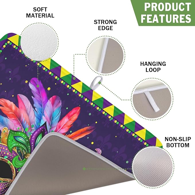 Mardi Gras Dish Drying Mat for Kitchen Counter Masquerade Mask Feather Dishes Drying Mat Microfiber Absorbent Reusable Washable Dishes Drainer Rack Mats 16x18 Inch