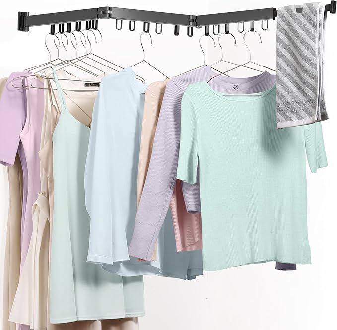 Wall Mounted Clothes Drying Rack, Space-Saving Foldable Clothes Drying Rack, Wall Clothes Hanger with 18 Hooks for Indoor & Outdoor Use in Laundry Room, Bathroom & Balcony