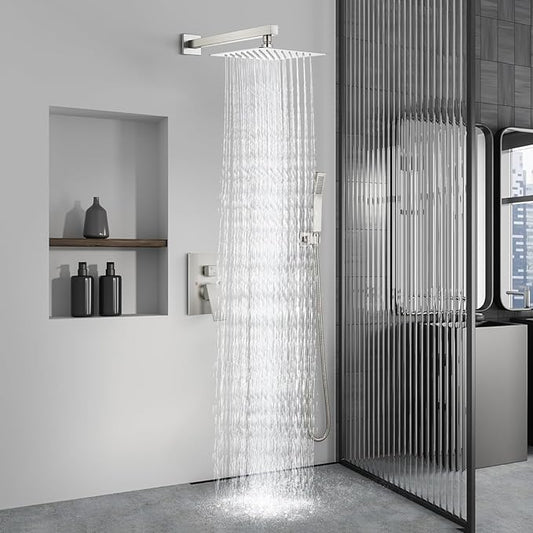 Aolemi Shower Faucet Set Rain Shower System with Handheld Spray Bathroom Shower Combo Rough-in Valve and Shower Trim Kit Included Brushed Nickel 10 Inch Wall Mount Shower Head
