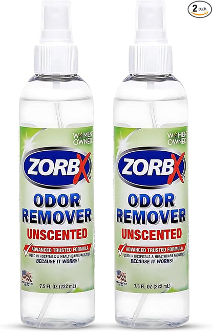 ZORBX Unscented Odor Eliminator for Strong Odor 7.5 Fl Oz Pack of 2 - Used in Hospitals & Healthcare Facilities - Advanced Formula, Fast-Acting Odor Remover Spray for Dog, Cat, House & Carpet