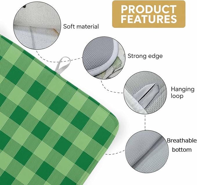 Dish Drying Mat Green White Check Plaid Drying Mats for Kitchen Counter Farmhouse Style Absorbent Microfiber Dish Drainer Quick Drying Coffee Mat with Hanging Loop, 18 x24 inch