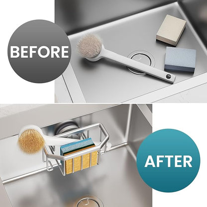 TAILI Sponge Holder for Kitchen Sink with Strong Suction Cup Removable, Rustproof Aluminum Sink Caddy for Sponge, Brush, Scrubber, Scraper -Silver