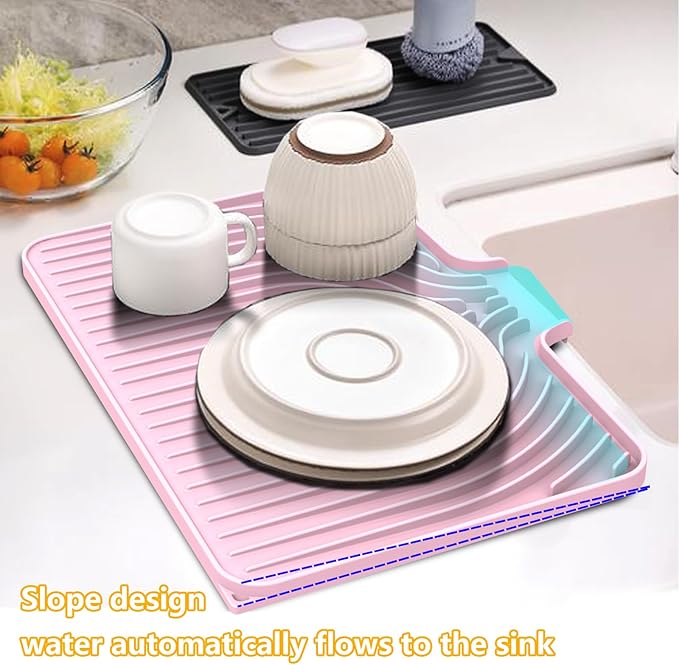 Silicone Drying Mat for Kitchen Counter , Dish Drying Rack Matt with Built in Drain, 18 Inch Dry Mats for Dishes Drying Pad for Kitchen Counter (18×12inch, pink)