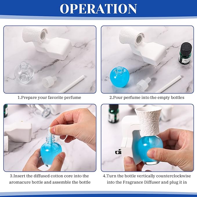Sratte 4 Pieces Plug in Essential Oil Diffuser 6 Pieces Empty Bottles for Spreading Scent Aromatherapy Essential Oils Home Bedroom Room Air Freshener Wall Diffuser