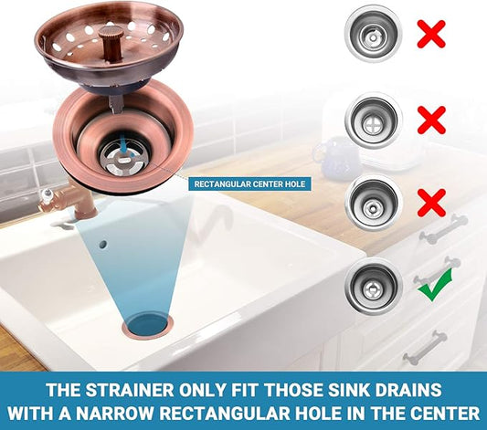 KONE Copper Kitchen Sink Strainer Basket, 2 Pcs Stainless Steel Antique Copper Sink Drain Strainer and Sink Stopper for Standard 3-1/2 inch Sink Drain, with Metal Center Knob and Rubber Drain Stopper