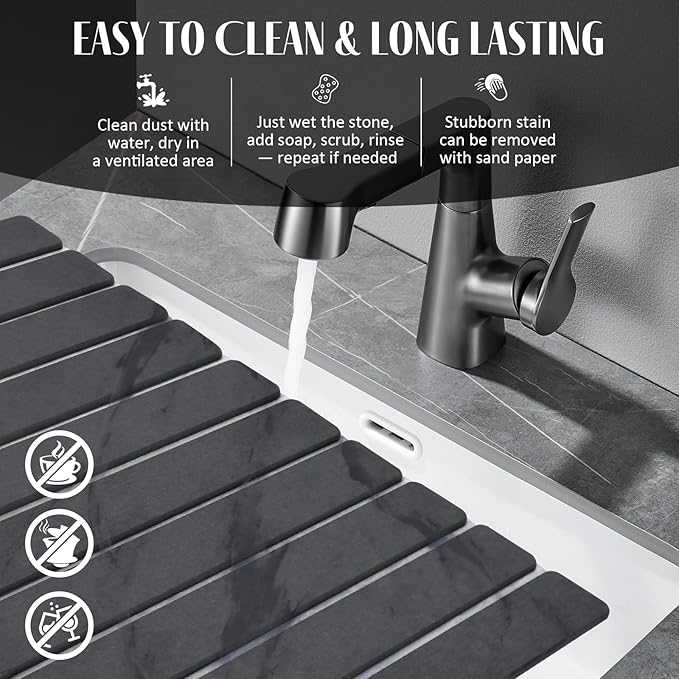 2 PCS Large Stone Dish Drying Mat for Kitchen Counter, 24"×16" Marble Dish Drying Mat with 8"x 4" Coasters, Non - Slip Collapsible Absorbent Mat for Multi - Purpose, Match Any Countertop【Dark Gary】