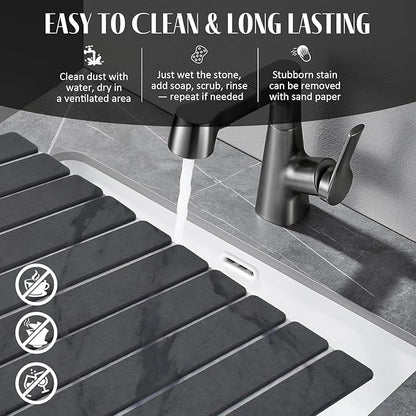 2 PCS Large Stone Dish Drying Mat for Kitchen Counter, 24"×16" Marble Dish Drying Mat with 8"x 4" Coasters, Non - Slip Collapsible Absorbent Mat for Multi - Purpose, Match Any Countertop【Dark Gary】