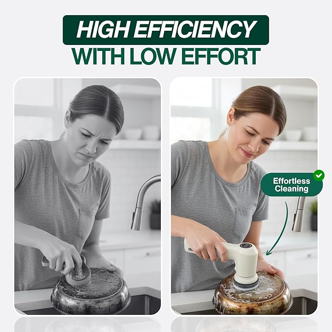 Electric Spin Scrubber – Handheld & Ergonomic, IPX7 Waterproof, 4 Multi-Purpose Brush Heads, Long-Lasting Rechargeable Battery – Cleans Dishes, Bathroom, Tile, Grout & Kitchen (Beige)