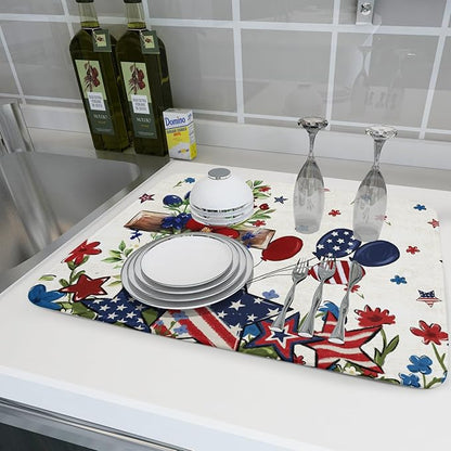 Star Floral Patriotic 4th of July Dish Drying Pad 18 x 24 Inch With Absorbent Reversible Microfiber Memorial Day Drying Mats Dish Drainer Mat Fast Dry For Kitchen Dining Room Decoration