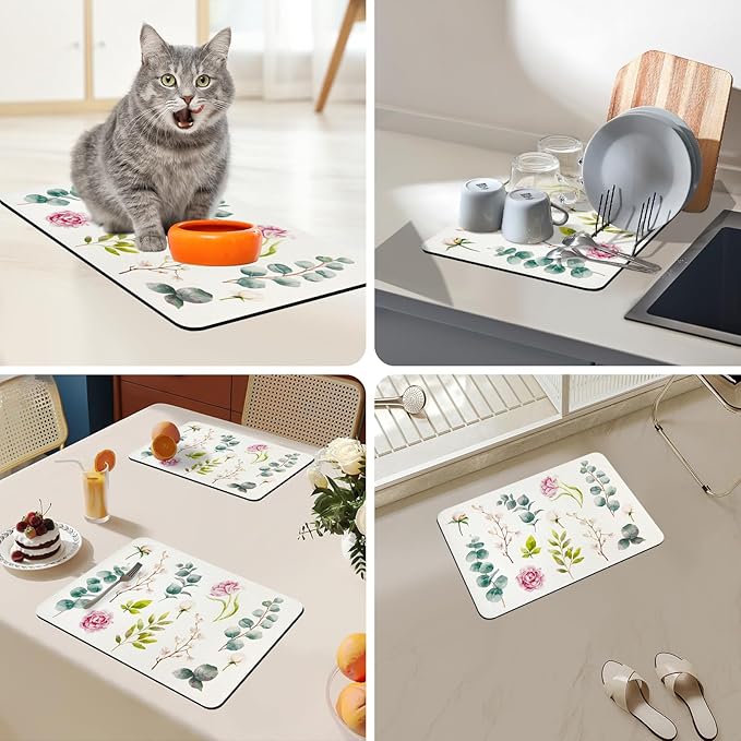 Bloss Dish Drying Mat, 12.2"x19.7" Absorbent Coffee Bar Mat with Waterproof Rubber Back, Fit Under Coffee Maker Machine/Kitchen Counter(Rose)