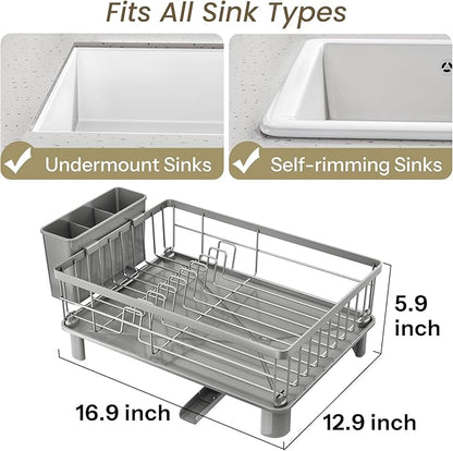 SNTD Dish Drying Rack - Small Dish Rack for Kitchen Counter, Stainless Steel Dish Drainer with Utensil Holder and Drainboard, 12.9" W x 16.9" L (Grey)