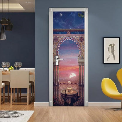 A.Monamour 3D Door Stickers for Interior Doors Balcony View at Sunset with Arabian Interior Design Vinyl Waterproof Self Adhesive Door Mural Decals for Bedroom Office Bathroom 90x200cm