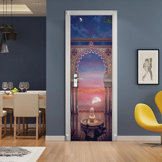 A.Monamour 3D Door Stickers for Interior Doors Balcony View at Sunset with Arabian Interior Design Vinyl Waterproof Self Adhesive Door Mural Decals for Bedroom Office Bathroom 85x215cm