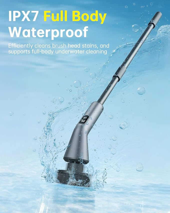 VICNOVA Electric Spin Scrubber, IPX7 Waterproof 2-Speed, Extendable Long Handle Cordless Cleaning Brush with 7 Replacement Brush Heads for Bathroom Shower Bathtub Glass Tub Tile Floor Car